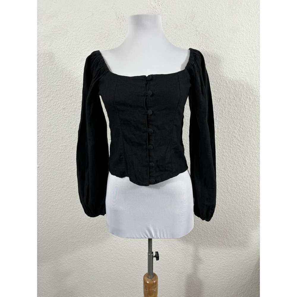 Topshop Blouse‎ Womens 4 Black Linen Blend Square Neck Puff Sleeve Button Up